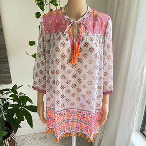 ROBERTA ROLLER RABBIT Boho Seraphina Mixed Print White Pink Orange Cotton Tunic